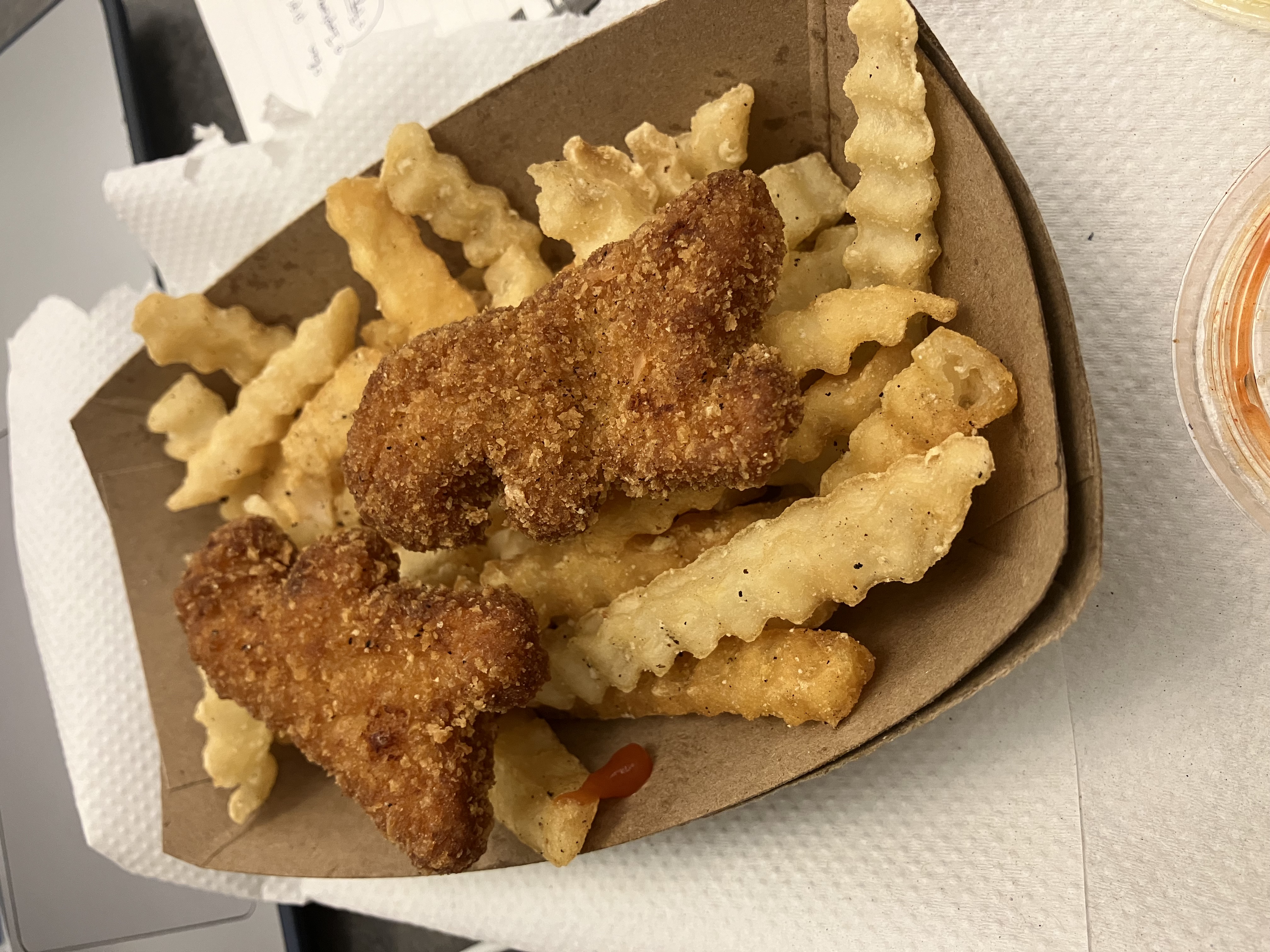 Dinosaur nuggets from the JJ's dining hall at Columbia, over a bed of french fries.